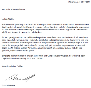 Dankesbrief an den Ortsverein Mallersdorf-Pfaffenberg von Florian Pronold