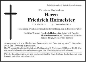 Sterbeanzeige von Hofmeister Friedrich
